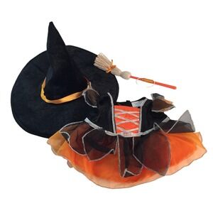 Build A Bear Witch Costume Black Orange Dress Hat Broom Halloween Outfit